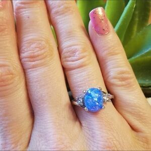 Women’s Blue Fire Opal Ring With Cubic Zirconias 14K White Gold Band